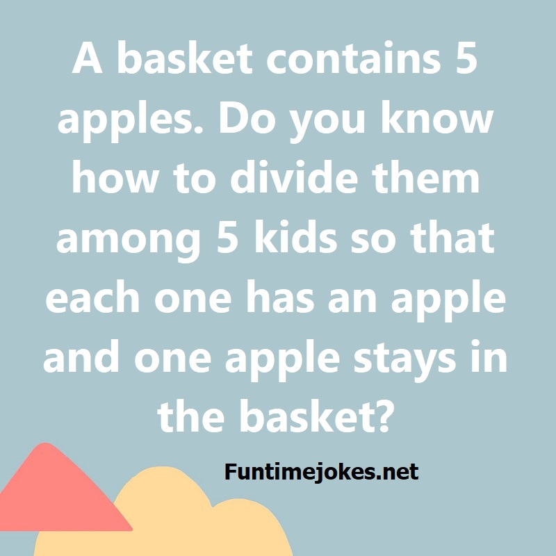 A basket contains 5 apples. Do you know how to divide them among 5 kids so that each one has an apple and one apple stays in the basket?