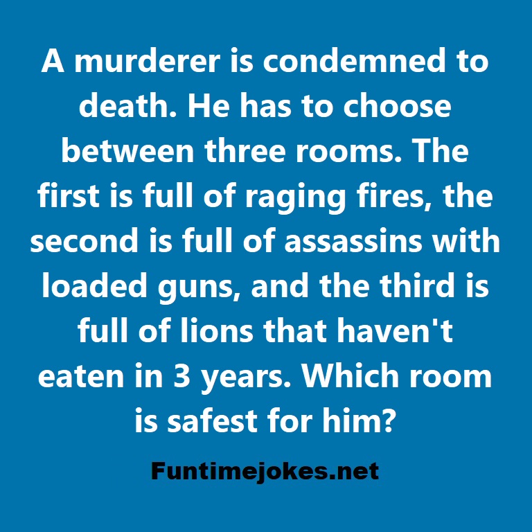 A murderer is condemned to death. He has to choose between three rooms. The first is full of raging fires, the second is full of assassins with loaded guns, and the third is full of lions that havent eaten in 3 years. Which room is safest for him?