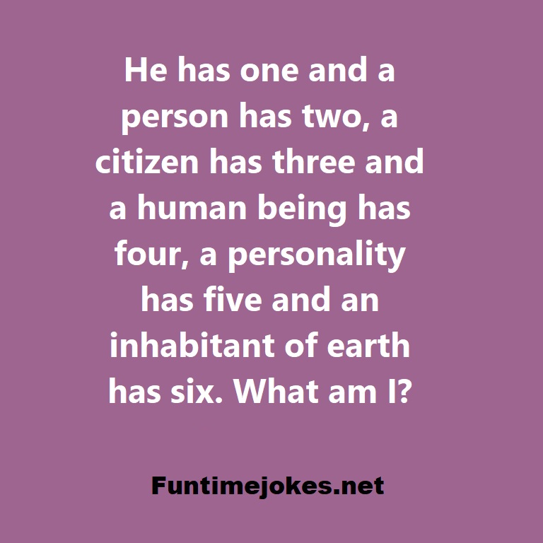He has one and a person has two, a citizen has three and a human being has four, a personality has five and an inhabitant of earth has six. What am I?